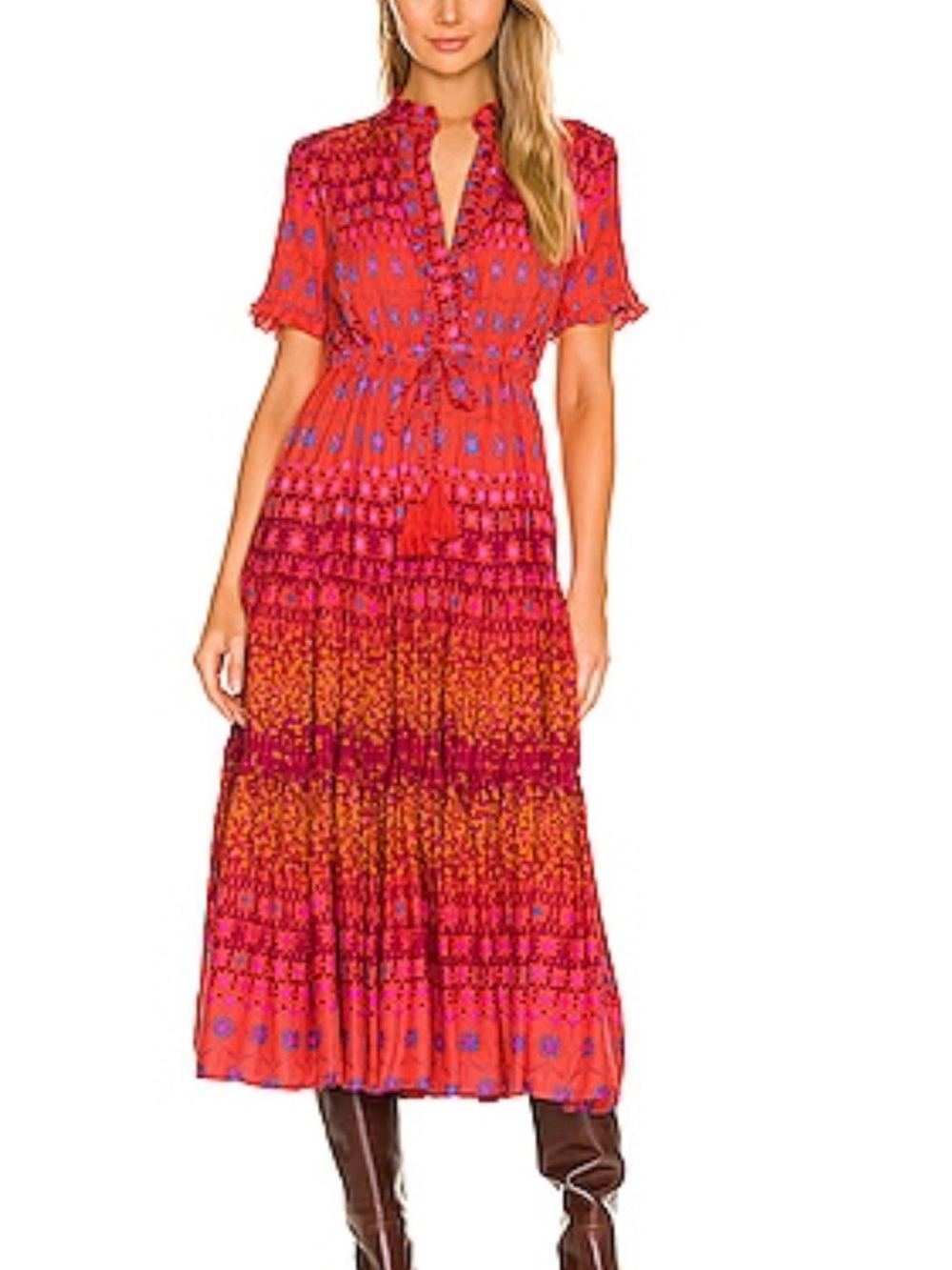 Free People Rare Feelings Red and Pink Tiered Maxi Dress with Blue Accents
